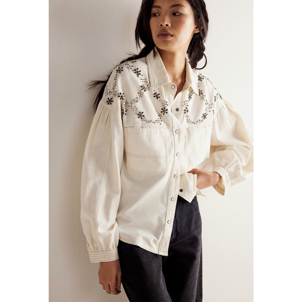We The Free Star Studded Shirt in Washed White Jeweled Beaded Size Large Whimsy